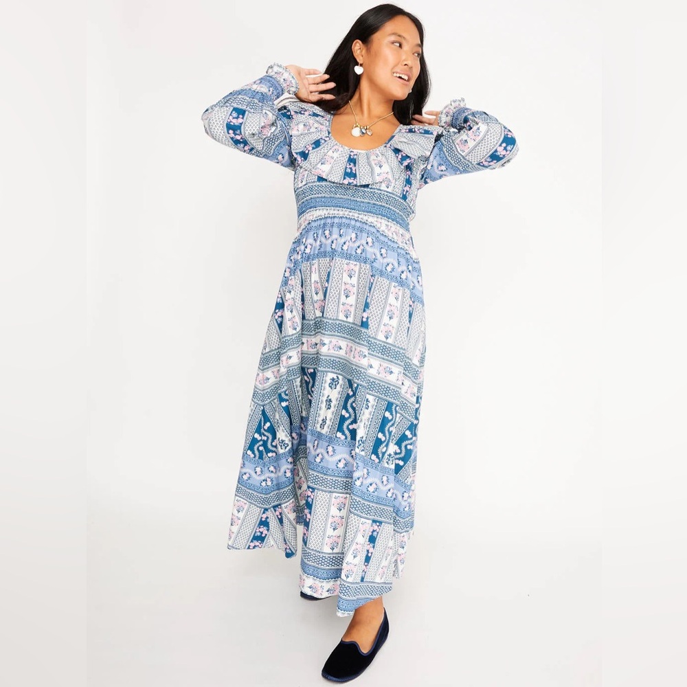NEW Ophelia & Indigo Clementina Dress Vintage Floral Midi Scoop Neck Blue Small